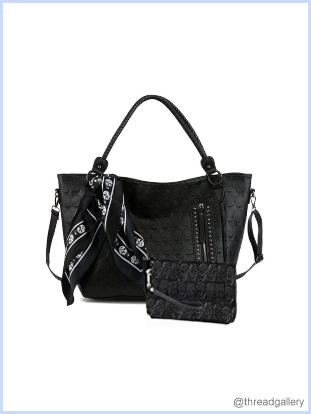 Studded Skull Tote Handbag PU Leather Satchel 3Pc Set Wallet